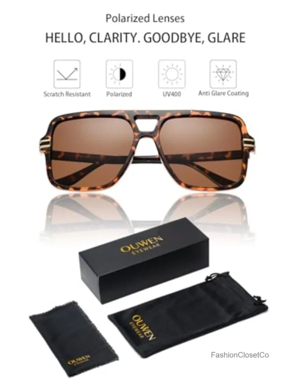 Retro Oversized Polarized Square Sunglasses for Women Men